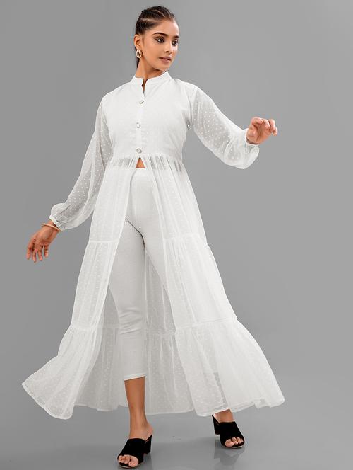 women white self design mandarin neck front slit kurta - 21668005 -  Standard Image - 0