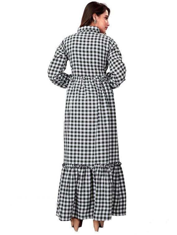 women black checks shirt collar neck tiered dress - 21668009 - Standard Image - 2