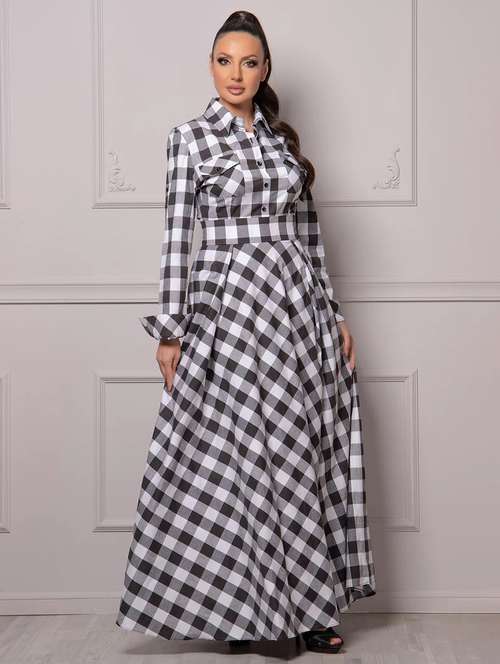 women black checks shirt collar neck a-line dress - 21668011 - Standard Image - 0