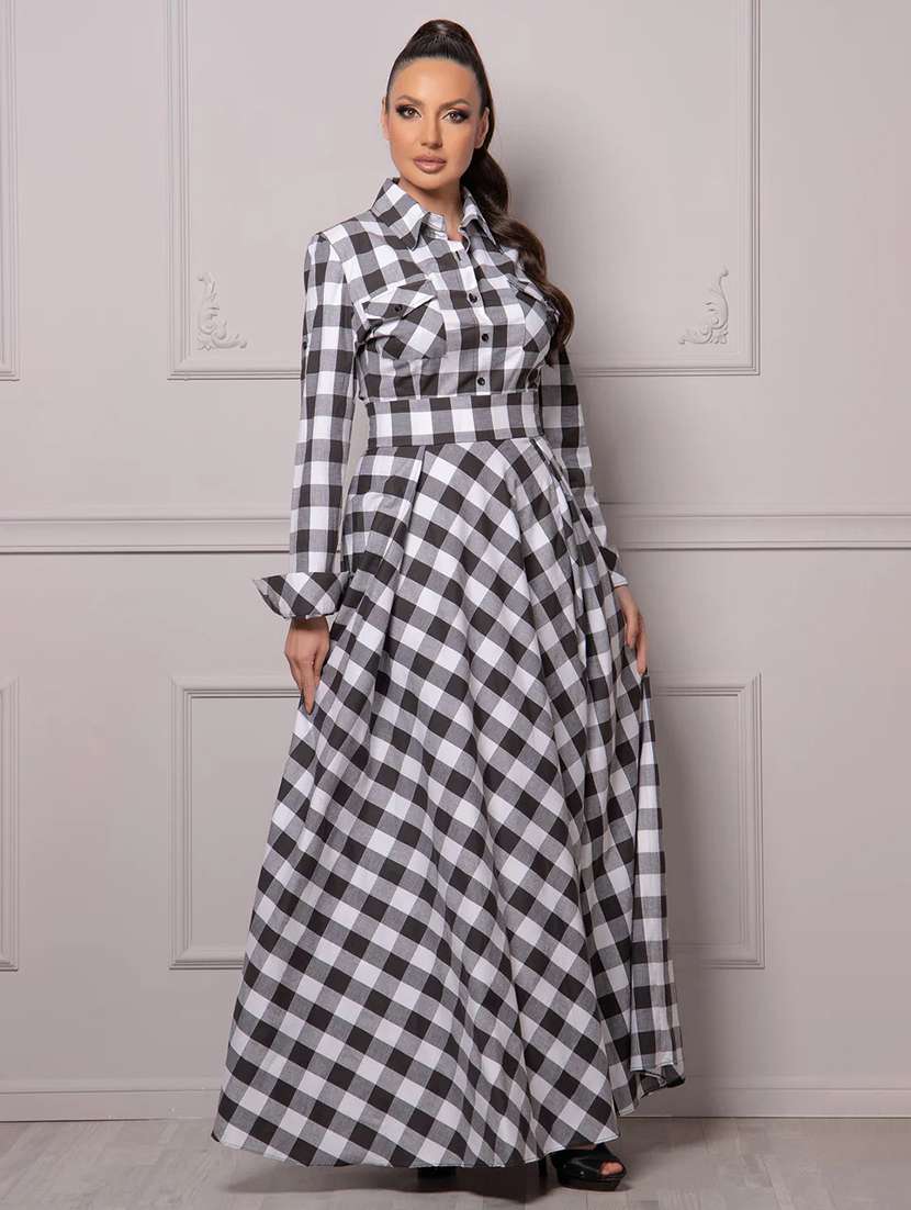 women black checks shirt collar neck a-line dress - 21668011 - Zoom Image - 0