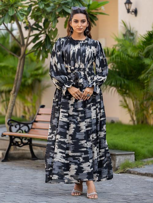 women black printed round neck fit & flare dress - 21668012 -  Standard Image - 0