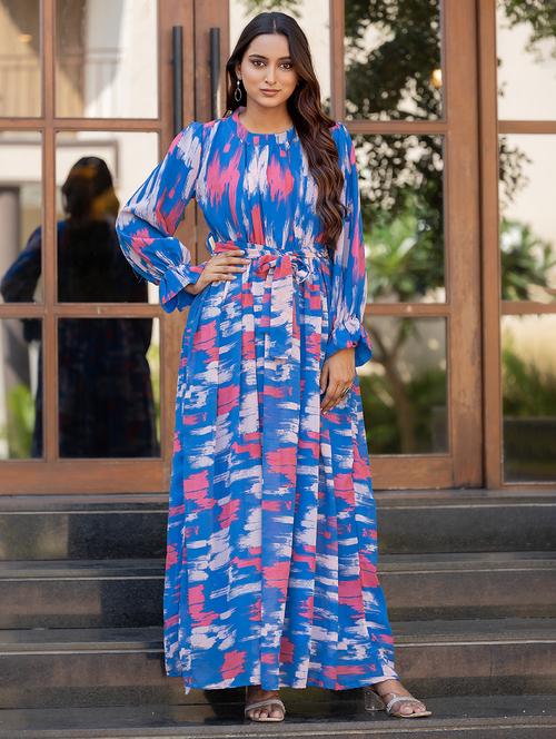 women blue printed round neck fit & flare dress - 21668013 - Standard Image - 0