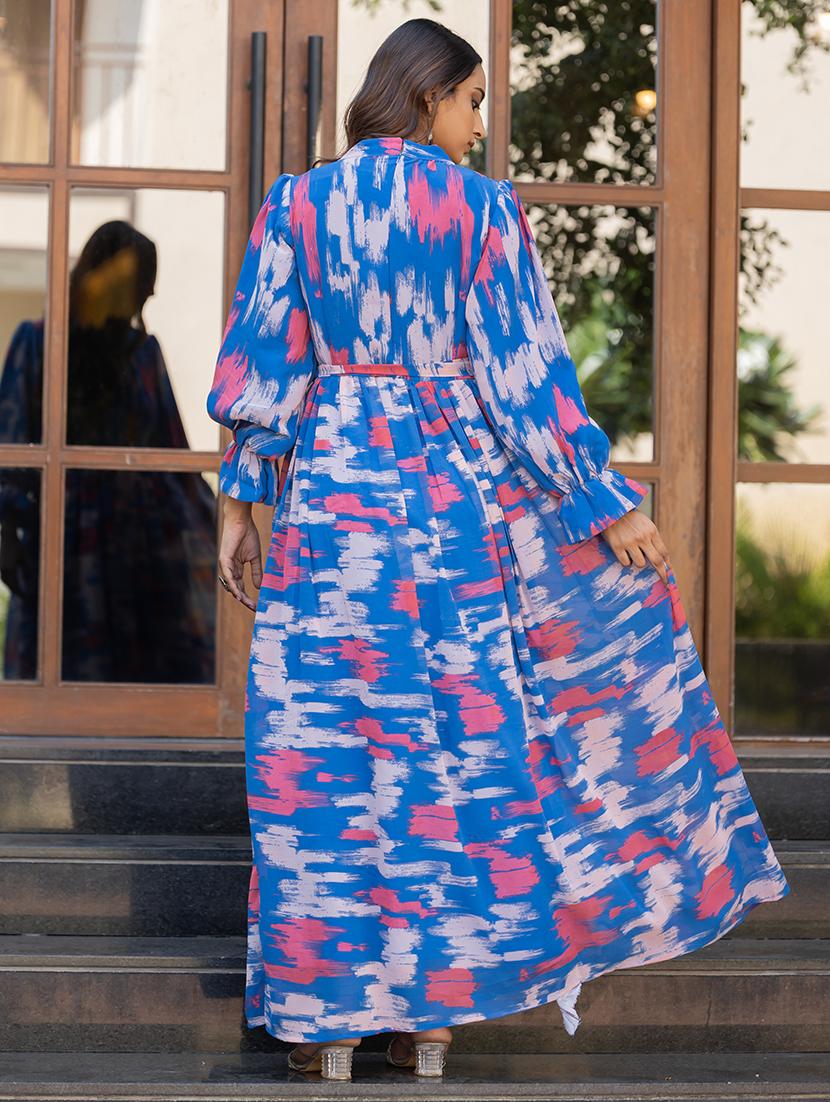 women blue printed round neck fit & flare dress - 21668013 - Standard Image - 2