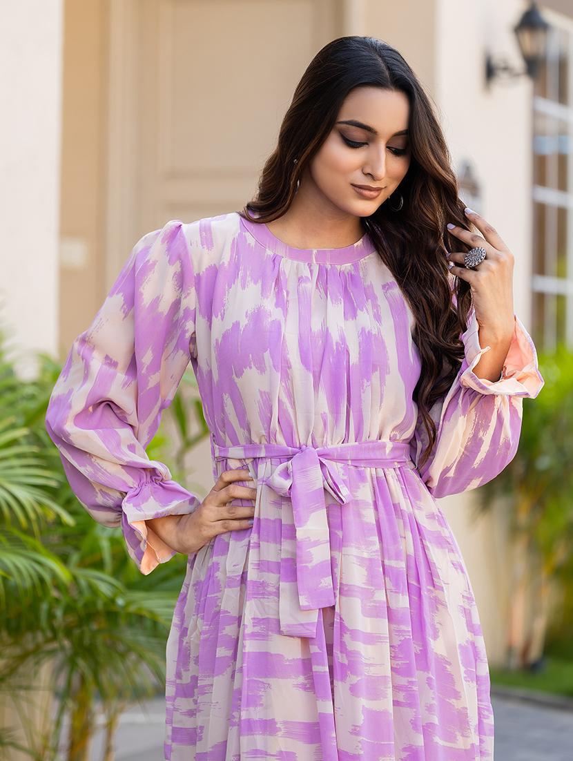 women lavender printed round neck fit & flare dress - 21668015 - Standard Image - 2