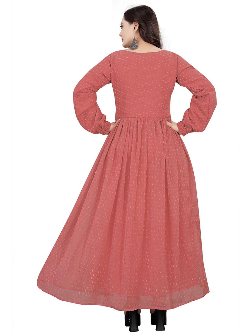 women peach self design round neck fit & flare dress - 21668017 - Standard Image - 2