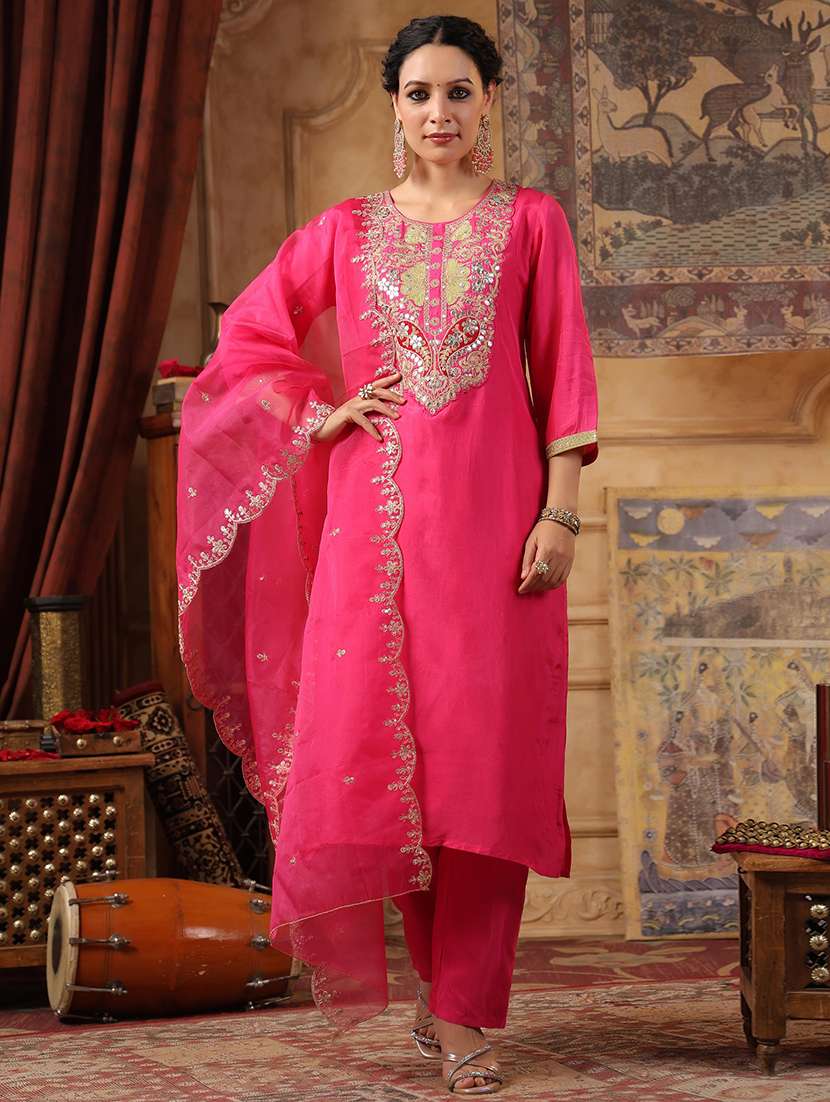 women zari work kurta pant set with dupatta