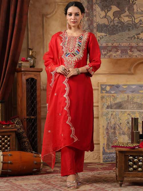 women zari work kurta pant set with dupatta - 21668132 - Standard Image - 0