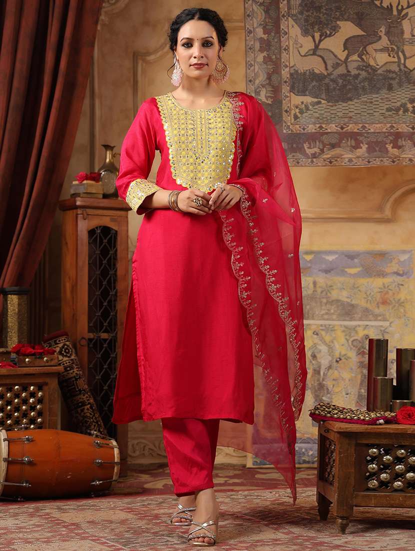 women zari work kurta pant set with dupatta
