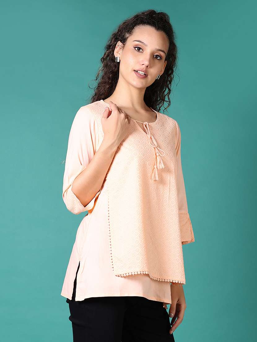 women embroidered tie-up neck layered top - 21668393 -  Standard Image - 2