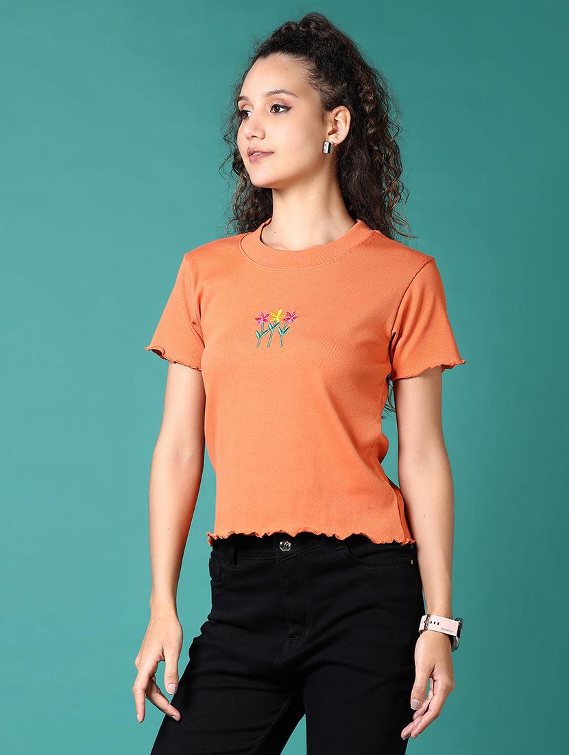 women solid with work round neck t-shirt - 21668425 - Standard Image - 2