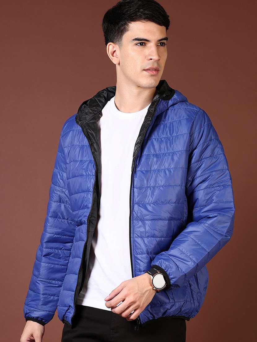 men's blue quilted hooded puffer jacket