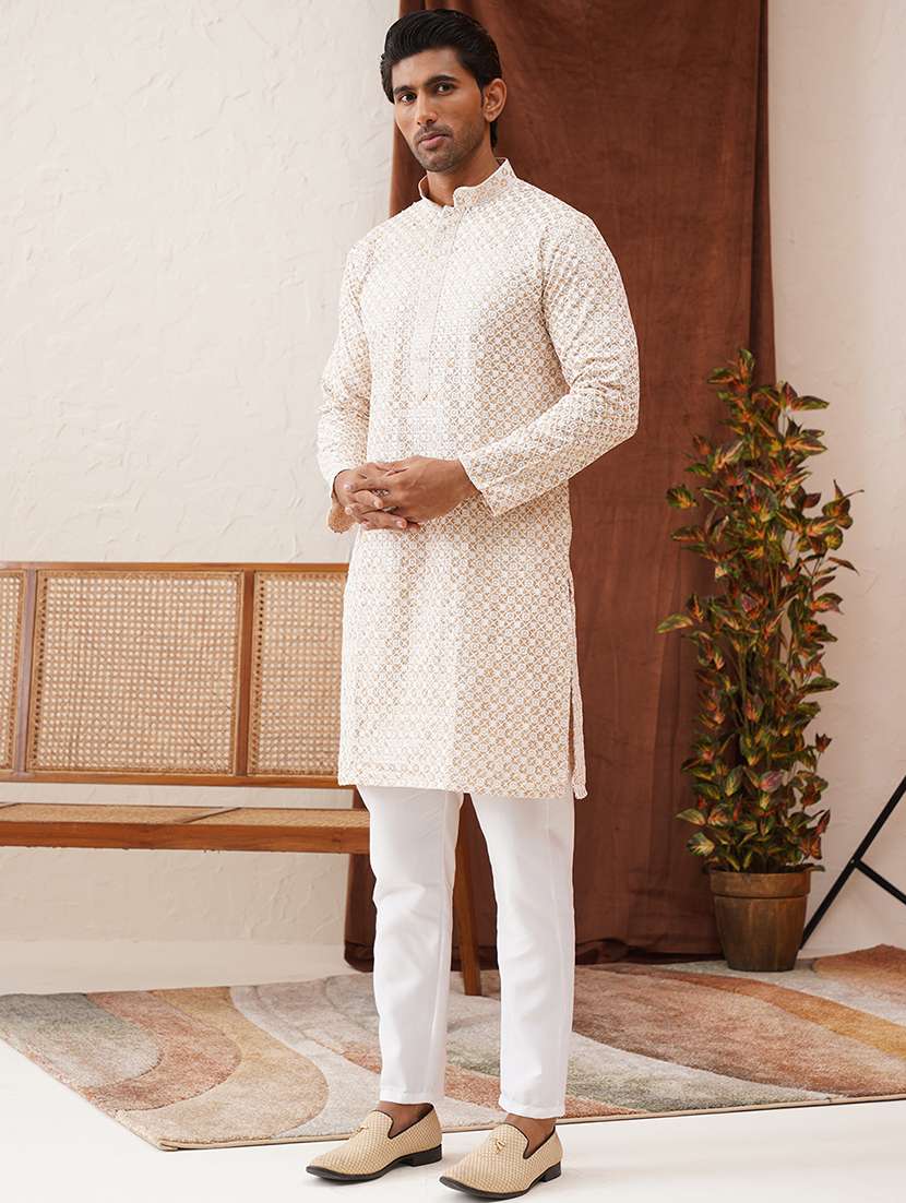 men solid with work mandarin neck kurta pyjama ethnic wear set