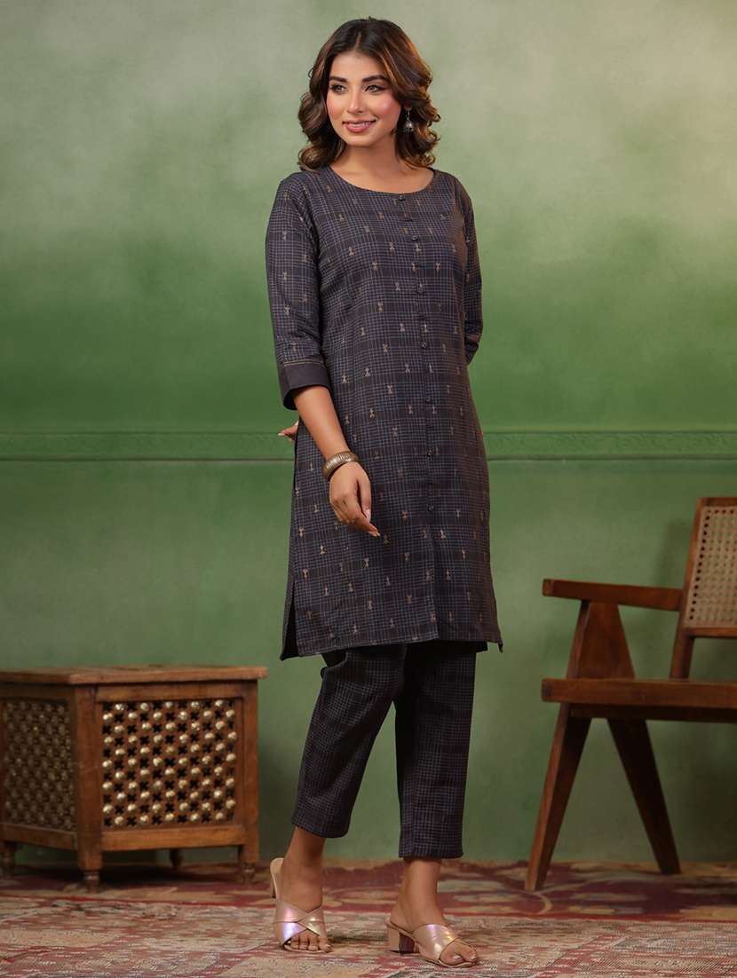 women grey printed round neck kurta pant set - 21668559 -  Standard Image - 2