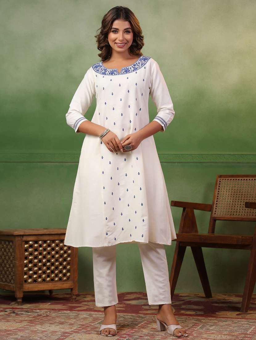 women white eombroidered notch neck kurta pant set