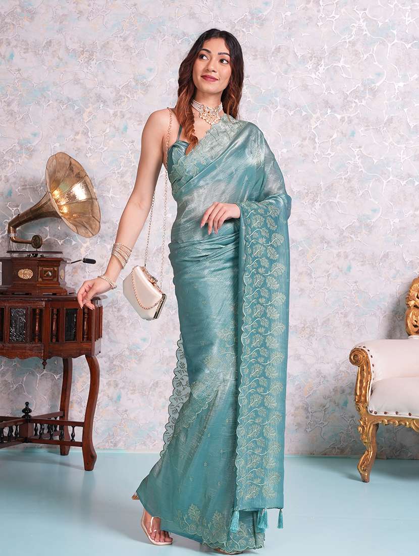 women turquoise embroidered saree with blouse - 21668647 - Standard Image - 2