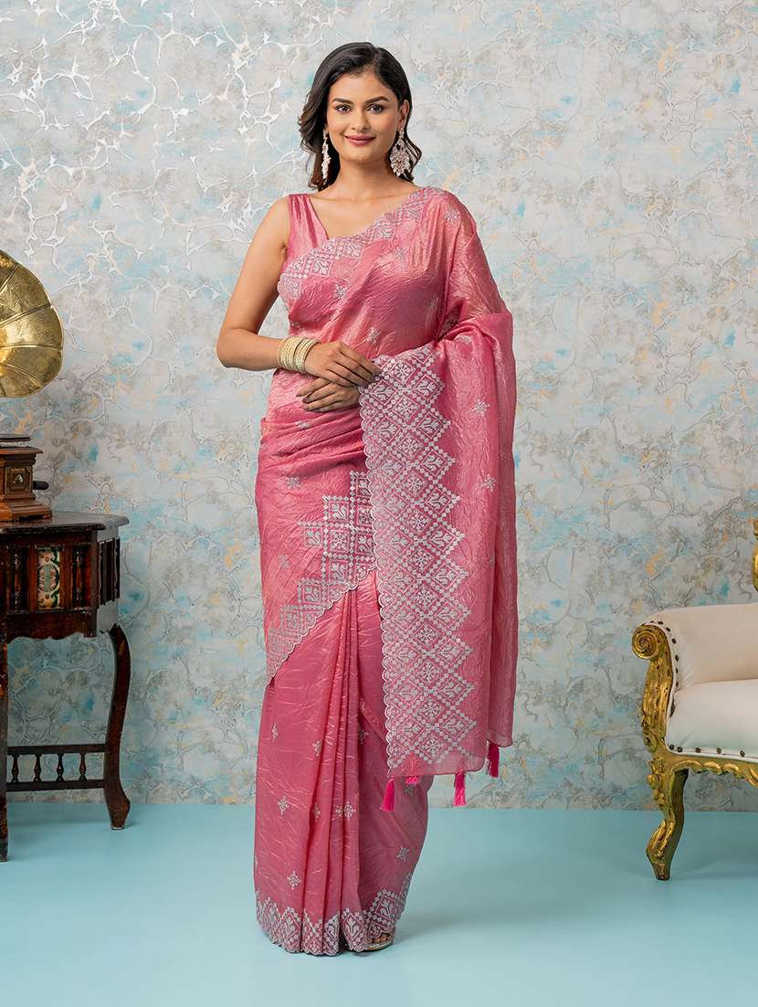 women pink embroidered saree with blouse - 21668657 - Standard Image - 2