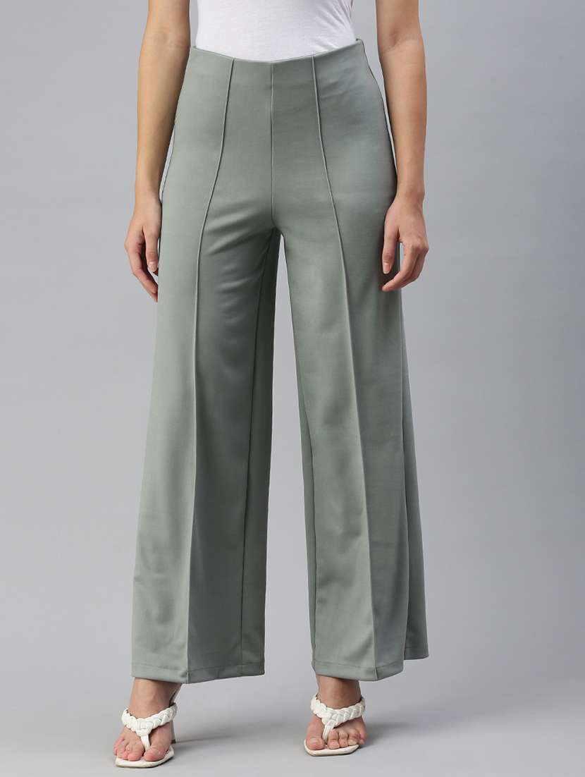 women solid high rise wide leg trouser