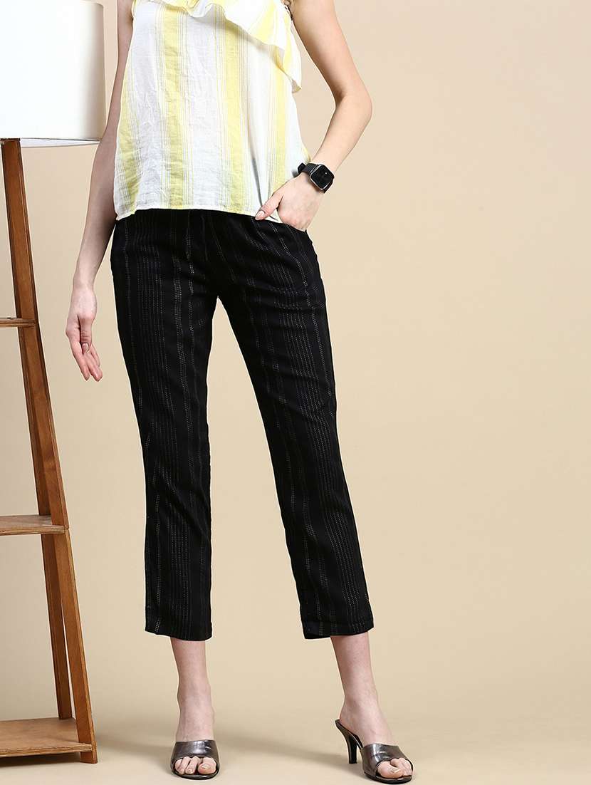 women black striped mid rise straight trouser