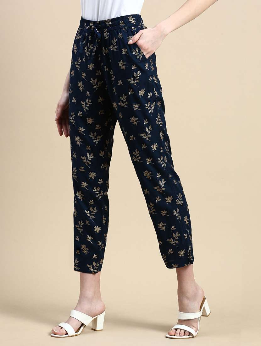 women navy blue printed mid rise straight trouser - 21669010 -  Standard Image - 2