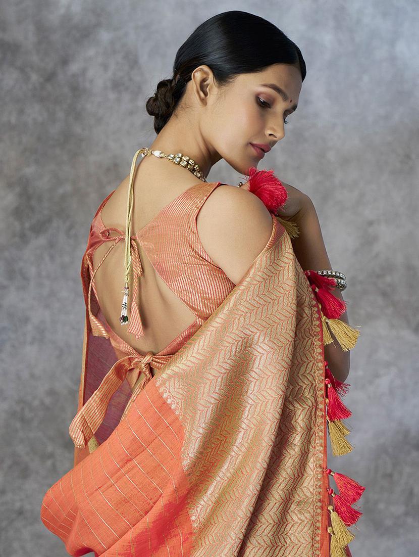 orange cotton chanderi saree with blouse - 21669032 - Standard Image - 2