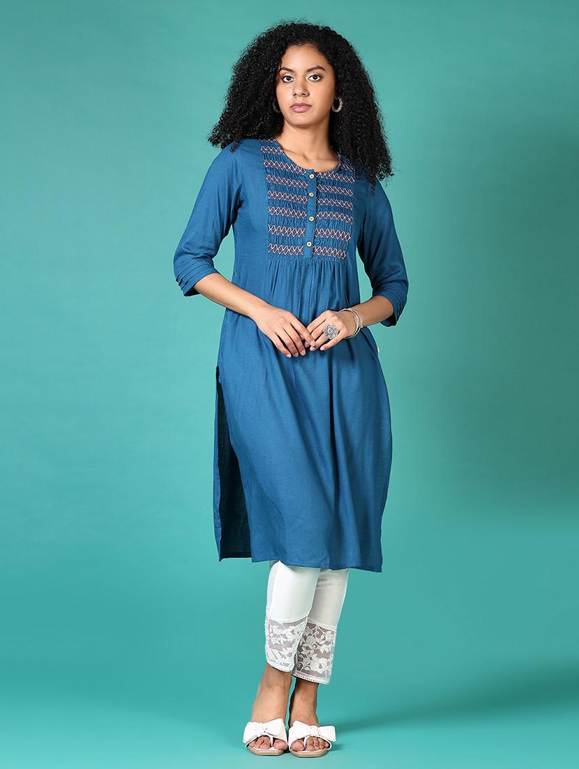 women embroidered round neck a-line kurta - 21669087 - Zoom Image - 0