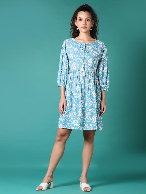 women blue floral printed a-line dress - 21669089 - Standard Image - 0