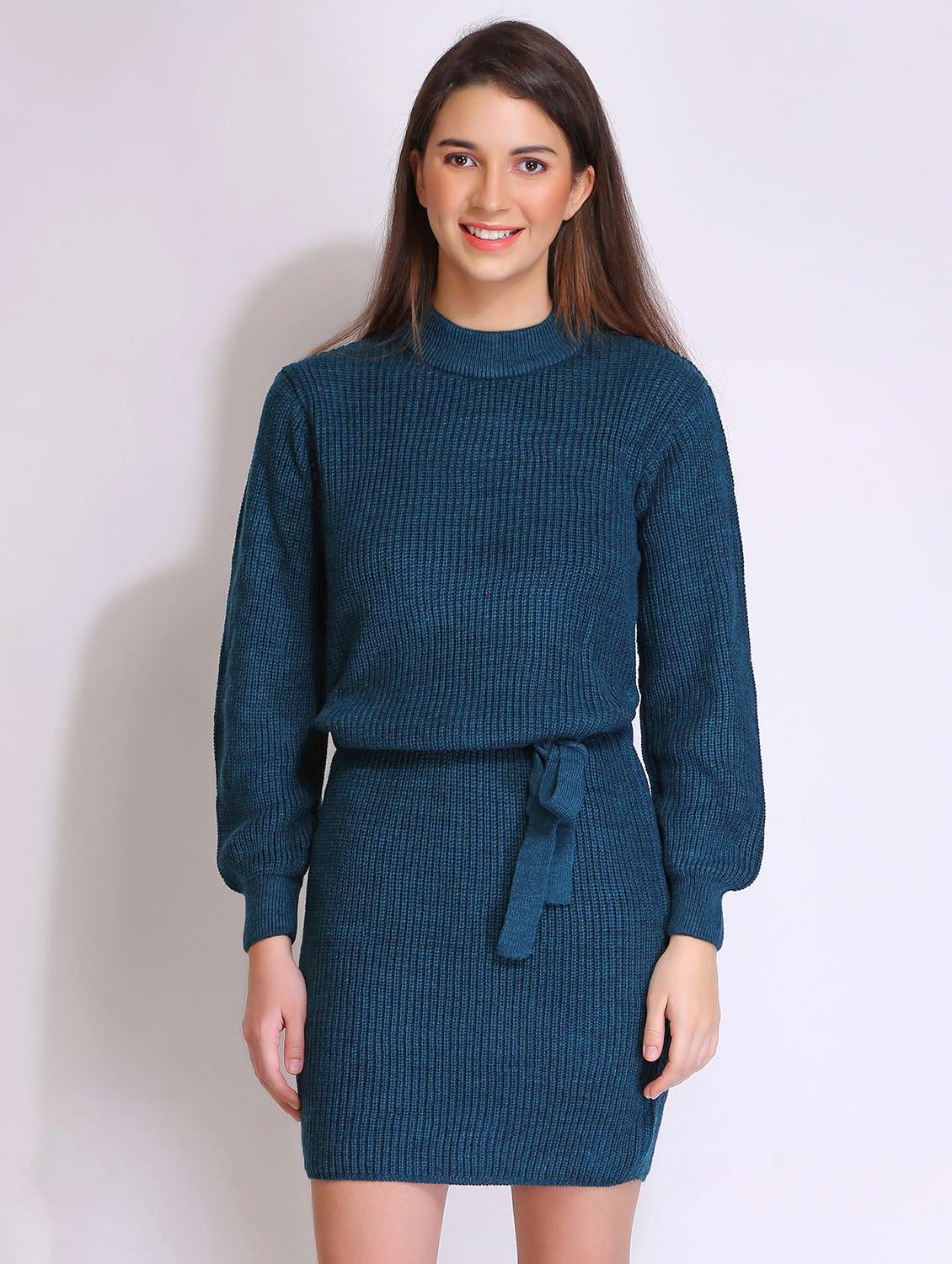 women solid acrylic long sleeve dress
