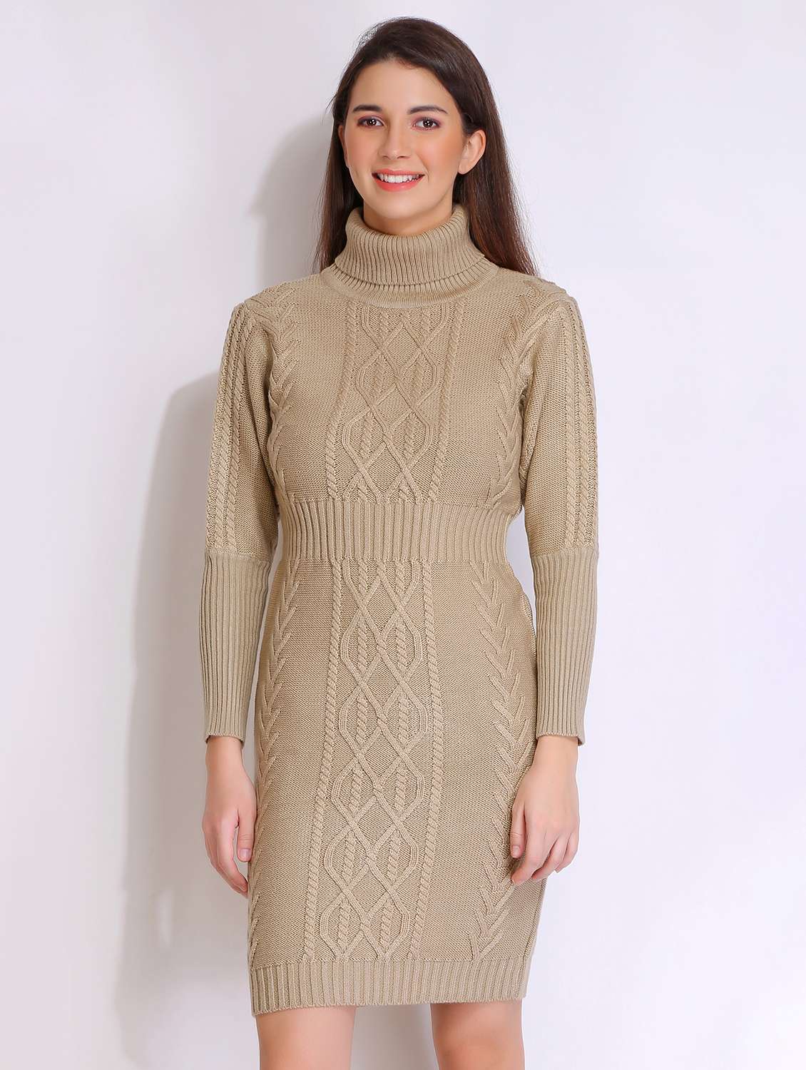 women solid acrylic long sleeve dress