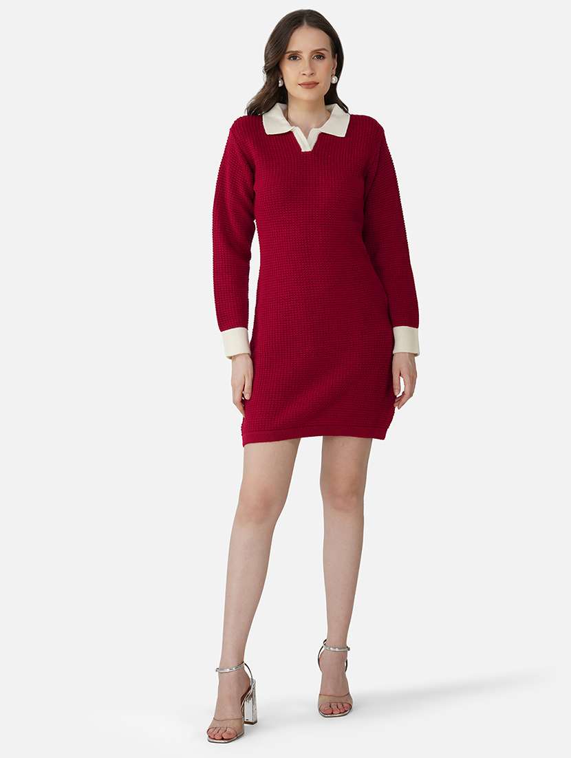 women solid acrylic long sleeve dress