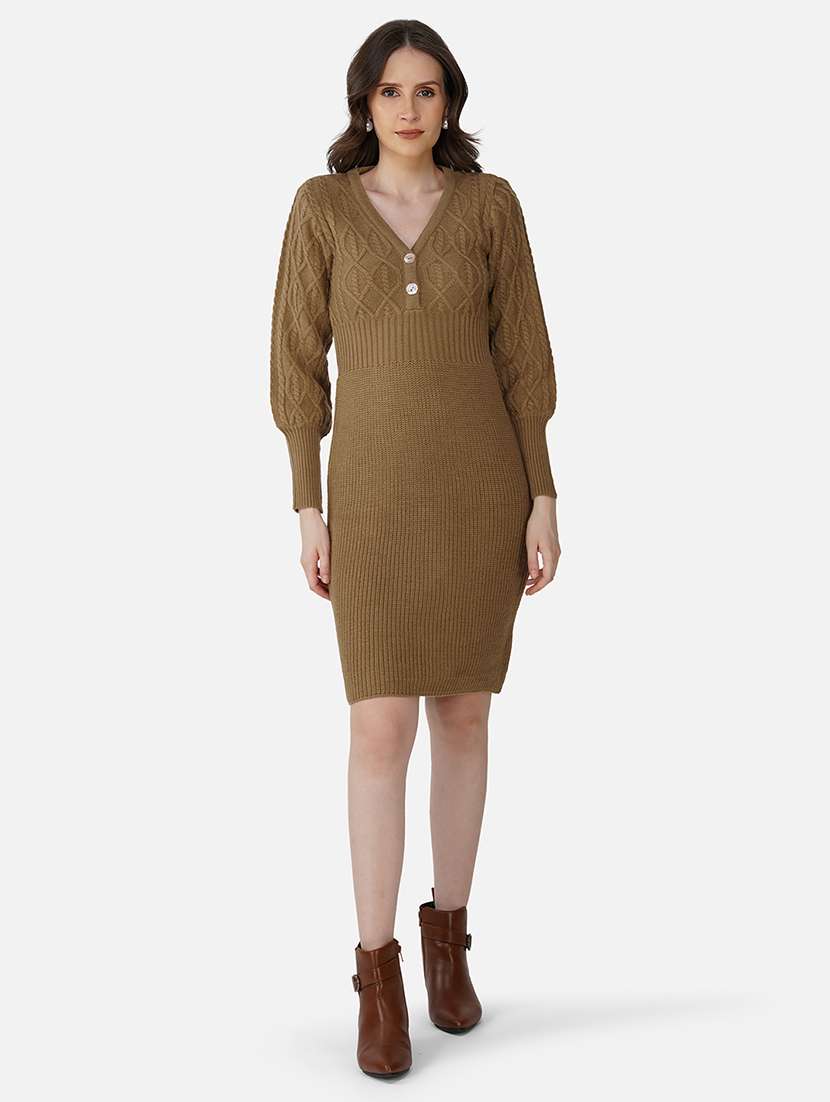 women solid acrylic long sleeve dress