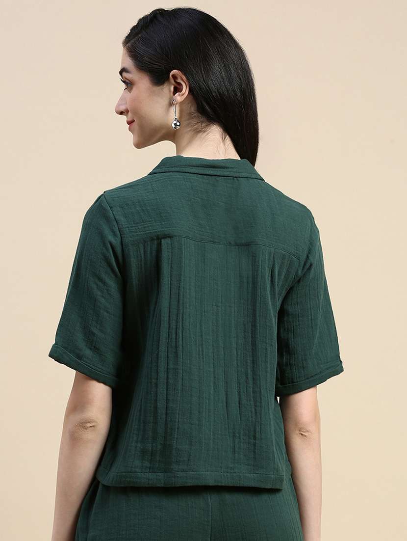 women solid cuban collar crop shirt - 21669841 -  Standard Image - 2