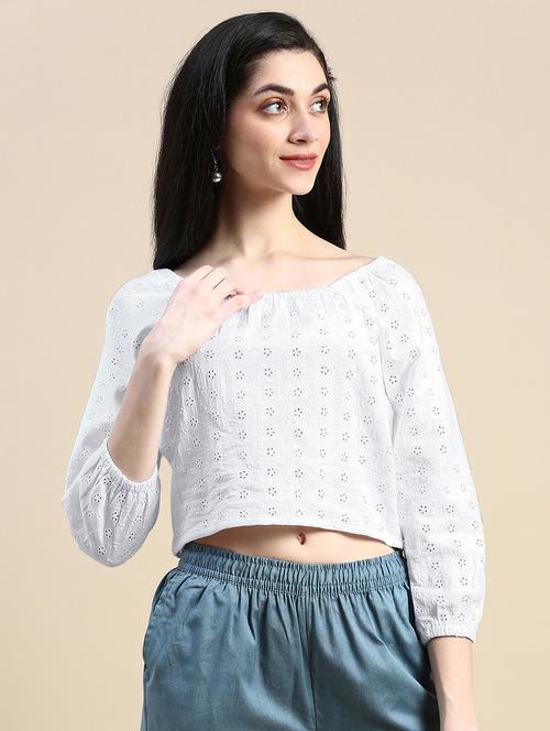 women schiffli detailed puff sleeves crop top - 21669852 -  Standard Image - 0