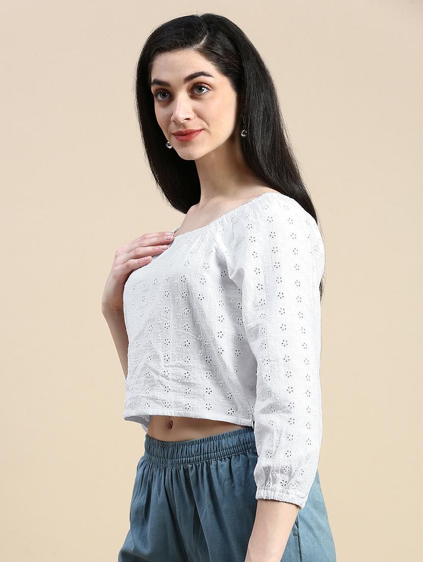 women schiffli detailed puff sleeves crop top - 21669852 - Standard Image - 2