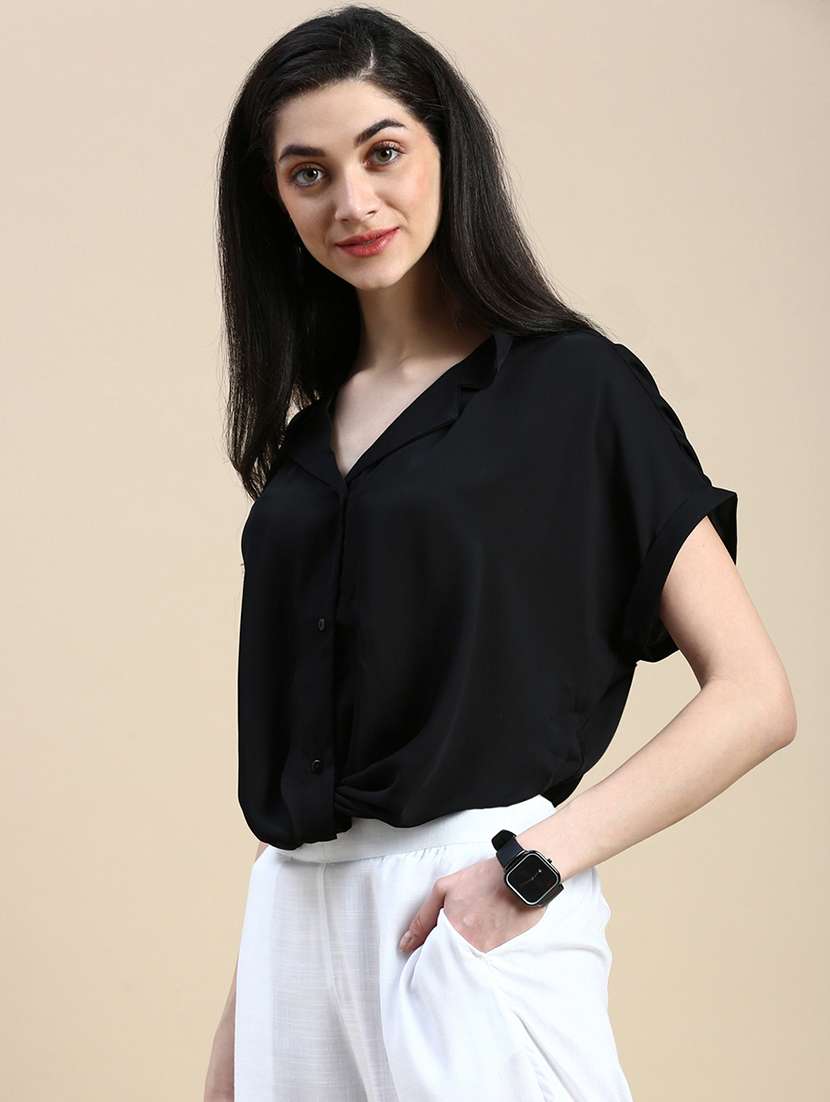 women solid collared relaxed fit crop shirt - 21669854 - Standard Image - 2