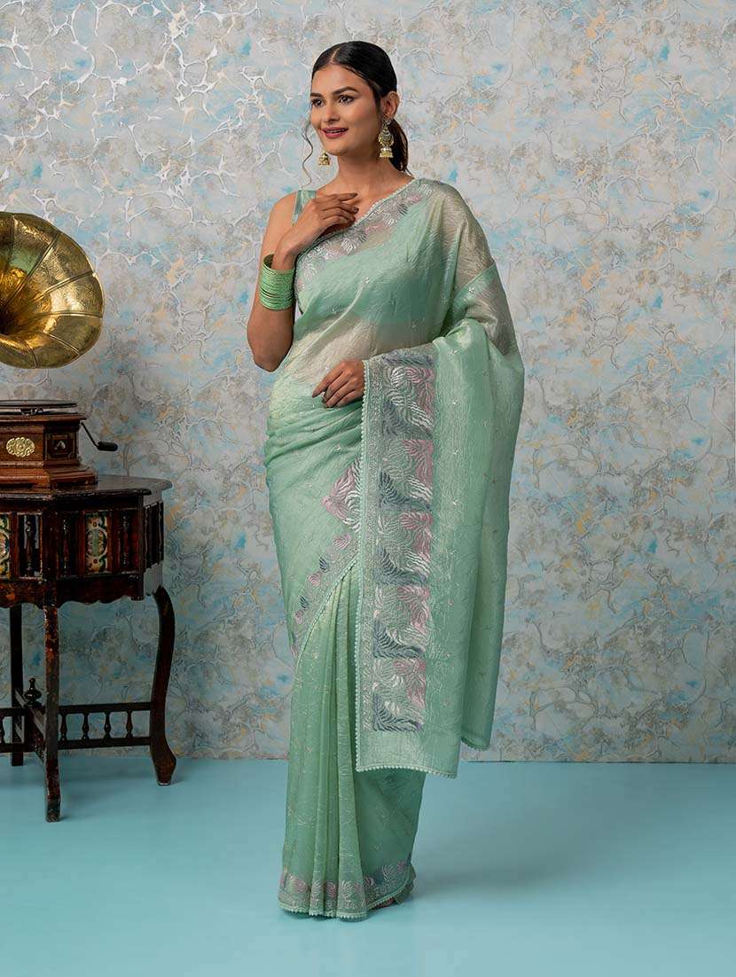 women green embroidered saree with blouse - 21670018 - Standard Image - 2