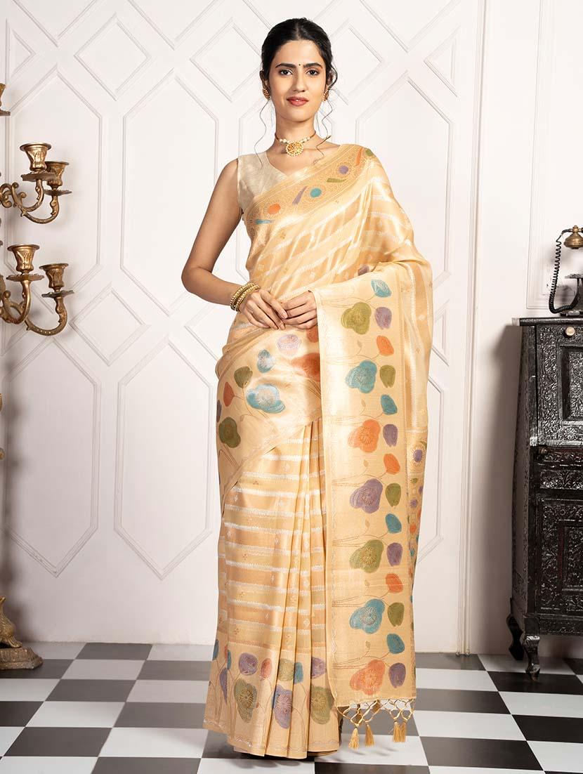 women stripes zari bordered saree with blouse - 21670045 - Zoom Image - 0