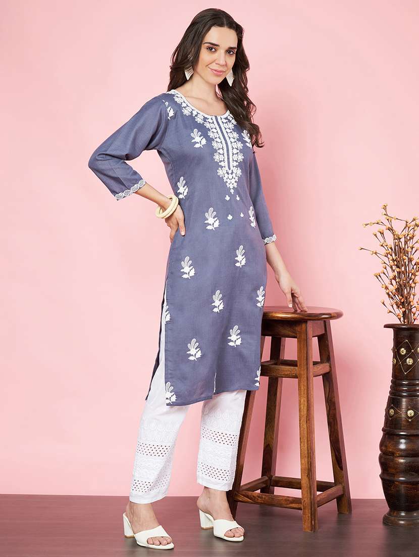 women chikankari three quarter sleeve straight kurta - 21670121 -  Standard Image - 2