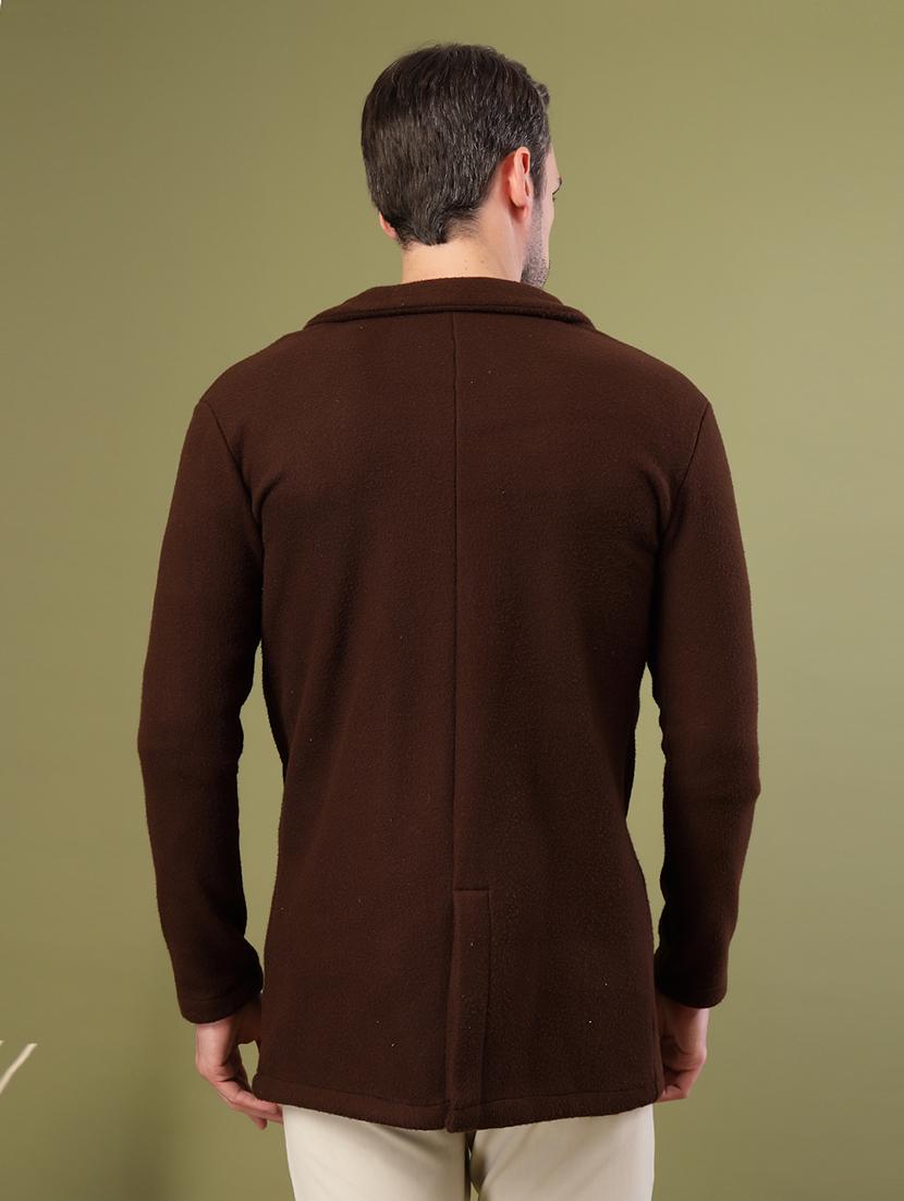 men coffee brown solid long sleeve coat - 21670167 - Standard Image - 2