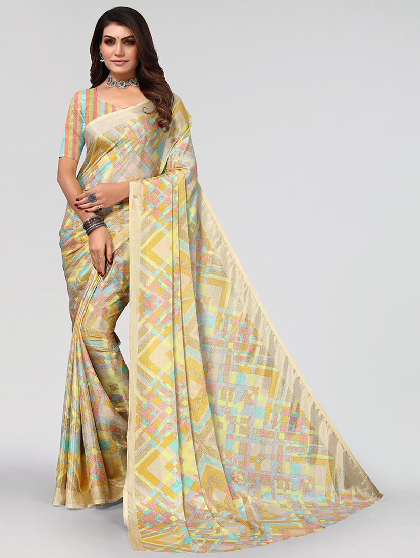 women beige geometric printed saree with blouse - 21670205 - Zoom Image - 0