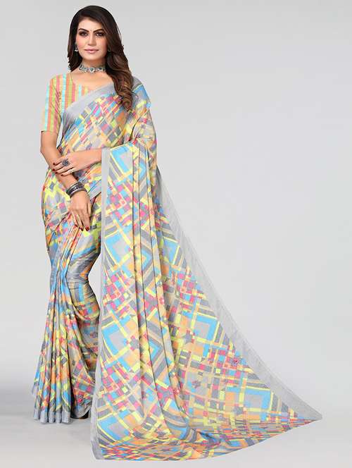 women grey geometric printed saree with blouse - 21670207 -  Standard Image - 0