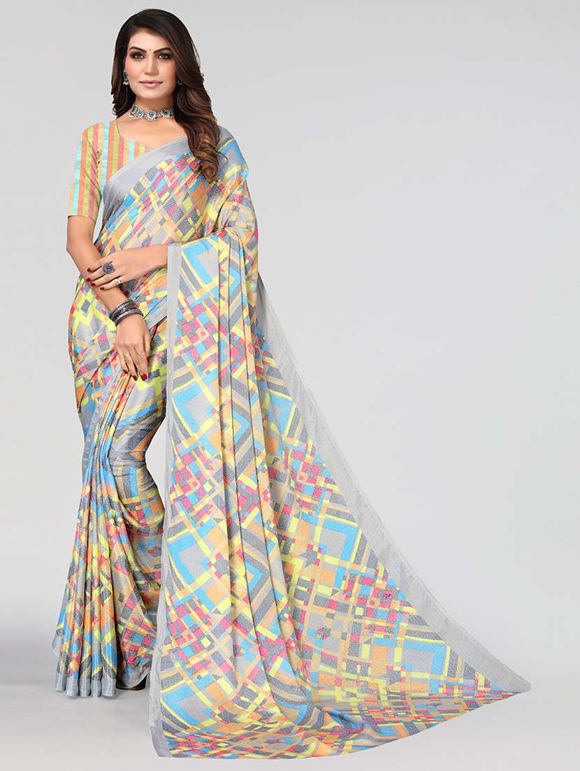 women grey geometric printed saree with blouse