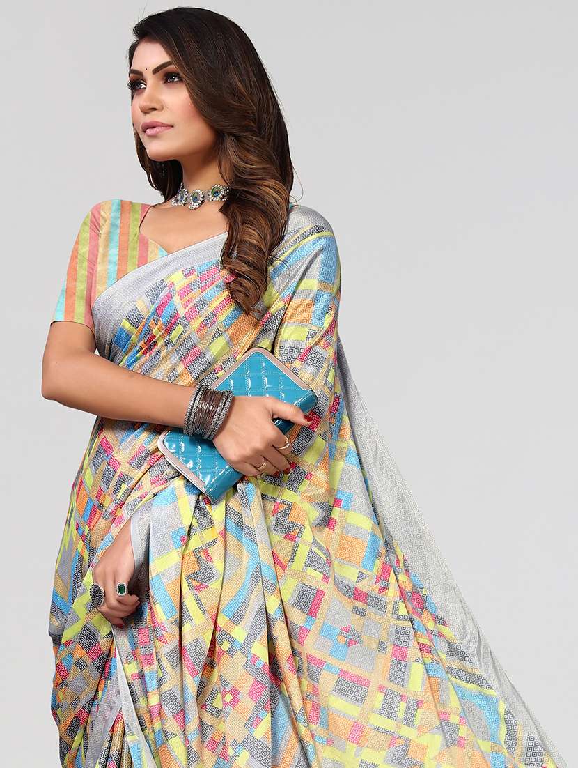 women grey geometric printed saree with blouse - 21670207 - Standard Image - 2