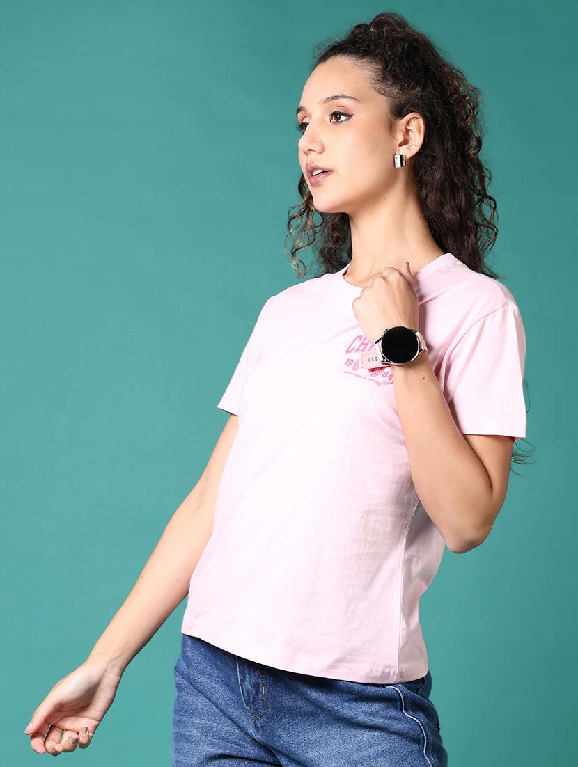 women pink typography print round neck t-shirt - 21670314 - Standard Image - 2