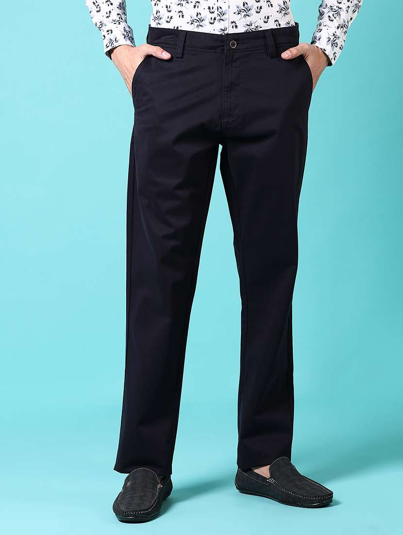 men solid mid rise flat front chinos