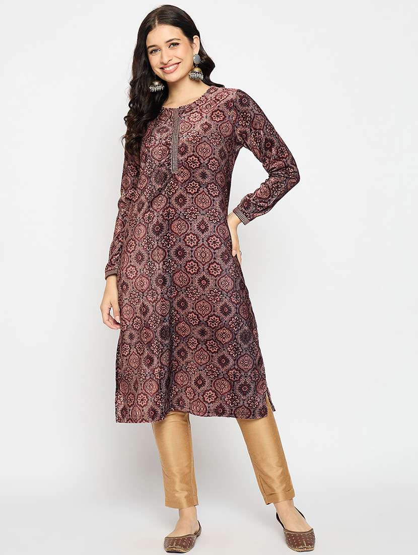 women printed long sleeves woolen kurta