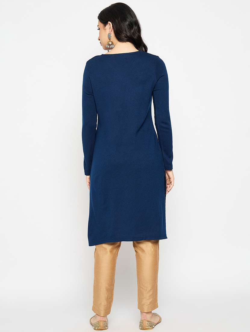 blue acrylic blend woolen kurta - 21670955 - Standard Image - 2