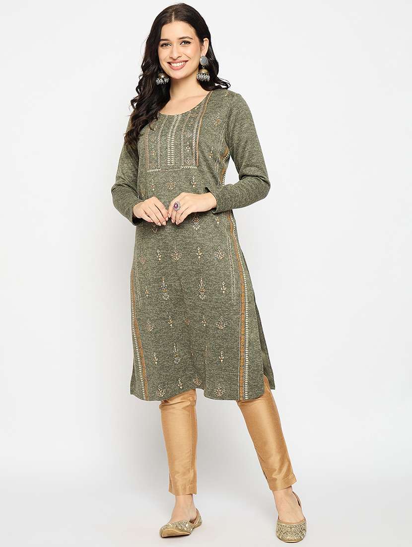 olive acrylic blend woolen kurta