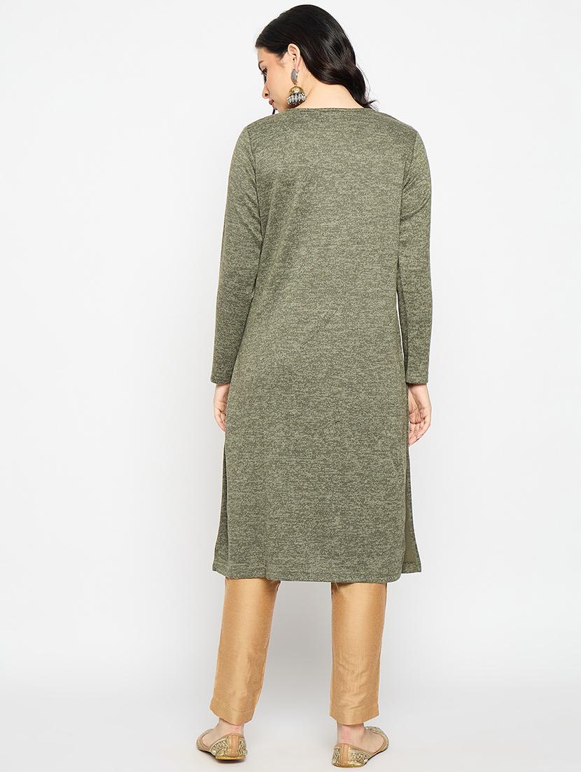 olive acrylic blend woolen kurta - 21670957 - Standard Image - 2