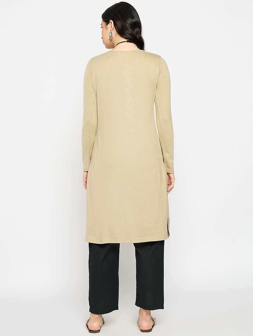 beige acrylic blend woolen kurta - 21670959 - Standard Image - 2