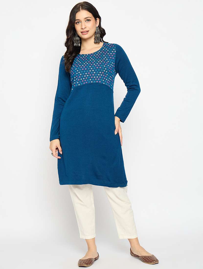 women self design woolen long sleeve kurta